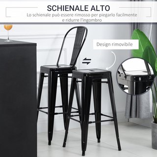 Set di 4 Sgabelli Ergonomici con Schienale Rimovibile e Poggiapiedi, Sgabelli da Cucina in Metallo, 44X46X116 Cm, Nero