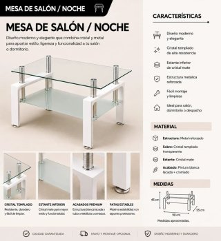 Mesa de centro cristal y metal
