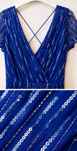 Vestido fiesta azul royal con plateado