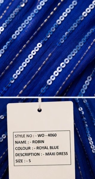 Vestido fiesta azul royal con plateado