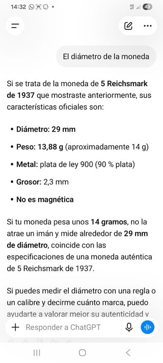 Moneda 5 Reichsmark 1938 Plata letra G muy buscada