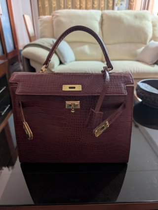 Bolso de piel cocodrilo dorado y rojo