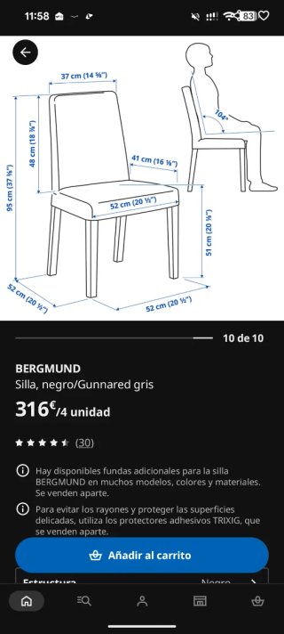 Juego de 4 sillas de comedor grises