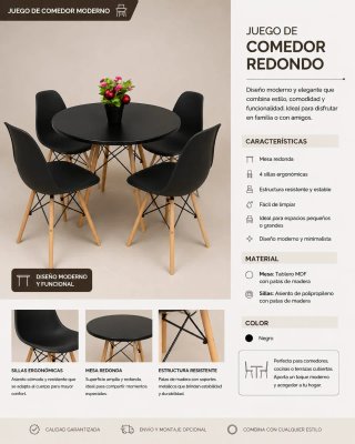 Juego Comedor Redondo Negro 4 Sillas