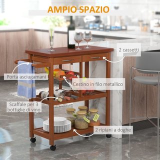 Carrello Portata da Cucina in Legno con Portabotti