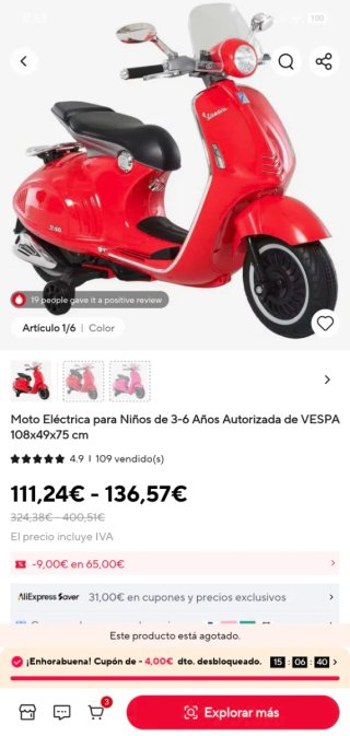 Moto Eléctrica Vespa Niños Roja