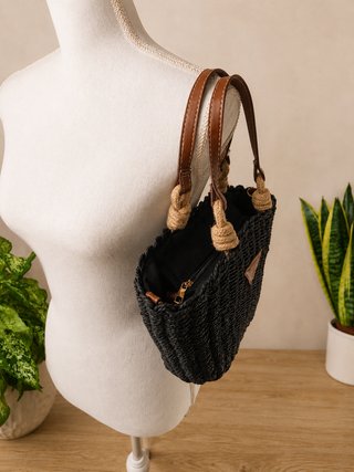 Bolso capazo paja negro 2 en 1 bandolera, nuevo