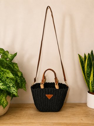 Bolso capazo paja negro 2 en 1 bandolera, nuevo