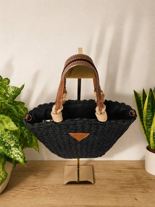 Bolso capazo paja negro 2 en 1 bandolera, nuevo