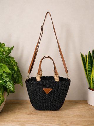 Bolso capazo paja negro 2 en 1 bandolera, nuevo