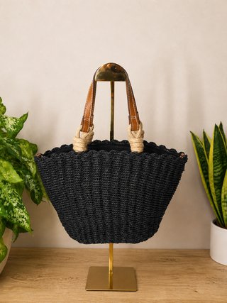 Bolso capazo paja negro 2 en 1 bandolera, nuevo