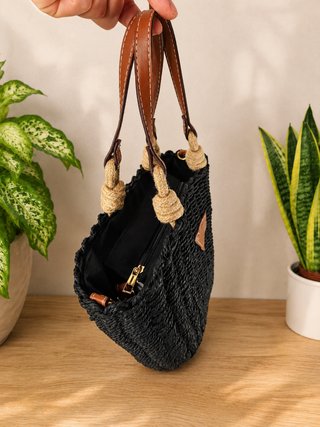 Bolso capazo paja negro 2 en 1 bandolera, nuevo