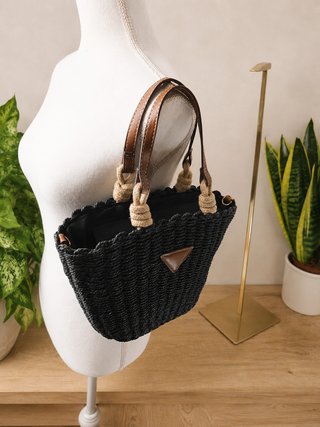 Bolso capazo paja negro 2 en 1 bandolera, nuevo