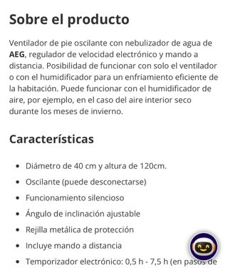 Ventilador AEG con humidificador