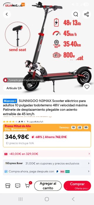 Patinete Eléctrico Sunnigoo 800W para reparar