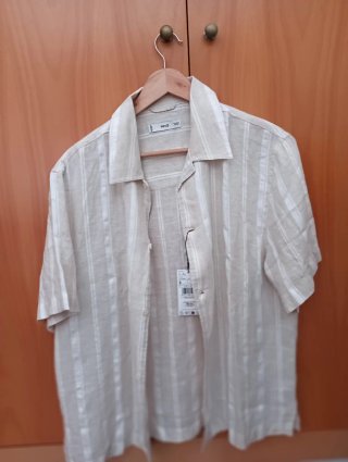 Camisa Lino Hombre Manga Corta Beige