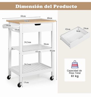 Carrito Auxiliar Cocina Bambú con Cajón