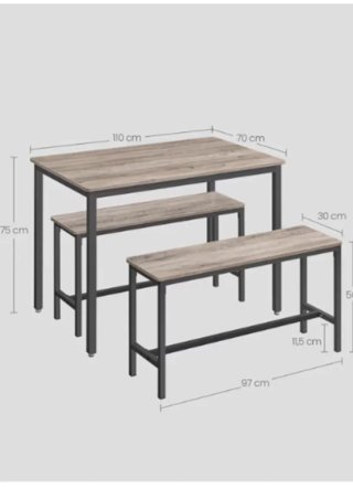 Mesa y 2 bancos madera y metal, en gris rústico.