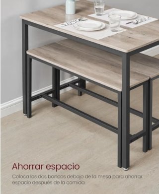 Mesa y 2 bancos madera y metal, en gris rústico.