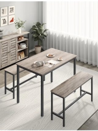 Mesa y 2 bancos madera y metal, en gris rústico.
