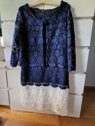 Vestido encaje azul marino y blanco + chaqueta