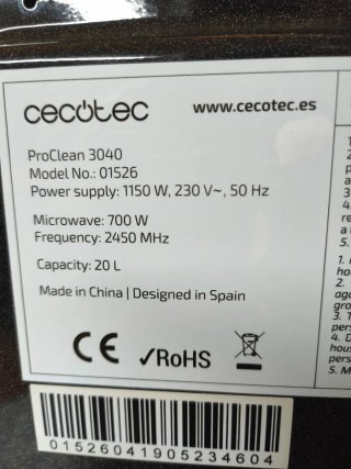 Microondas Cecotec Proclean 3040 700W 20 litros