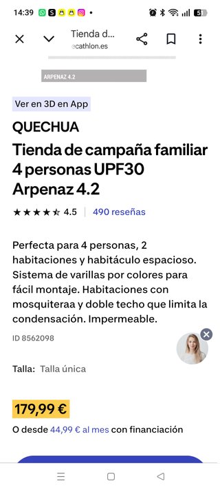 Tienda de campaña Decathlon 4 personas
