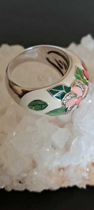 Anello Argento 925 Floreale Smaltato Tg 17