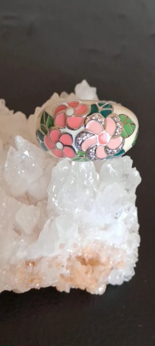 Anello Argento 925 Floreale Smaltato Tg 17