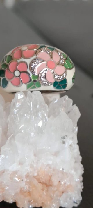 Anello Argento 925 Floreale Smaltato Tg 17