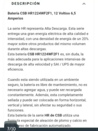 Batería CSB HR 1224W F2 12V y 6.5Ah