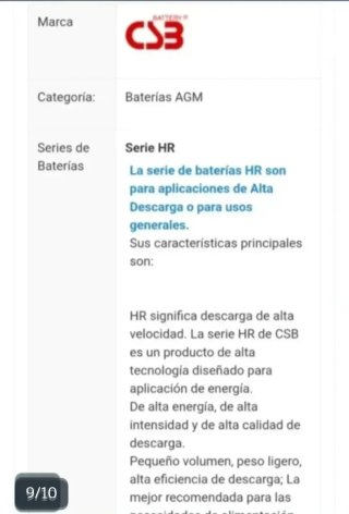 Batería CSB HR 1224W F2 12V y 6.5Ah