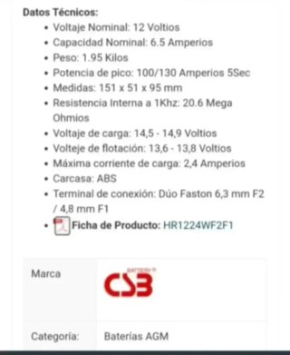 Batería CSB HR 1224W F2 12V y 6.5Ah