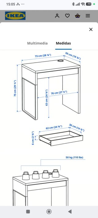 Escritorio blanco con cajón ancho 73 cm