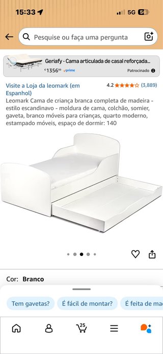 Cama infantil blanca con cajón y colchón