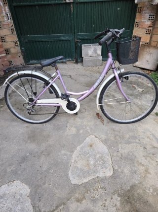 Bicicleta de paseo morada con cesta