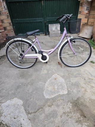 Bicicleta de paseo morada con cesta