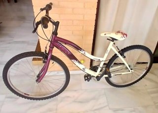 Bicicleta de montaña morada y blanca