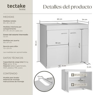 Mueble de baño 2 espaciosos compartimentos 60 x 35 x 56 cm blanco