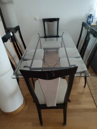 Mesa comedor cristal y hierro + 6 sillas