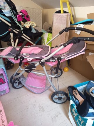 Carrito de muñecas gemelar rosa y gris