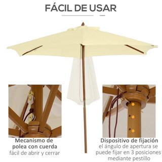 Sombrilla Parasol Madera Ø250 Crema con Polea