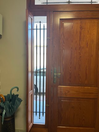 Puerta de madera con cristal y reja