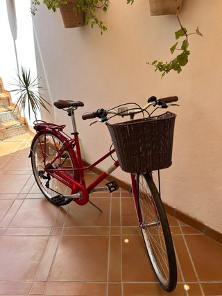 Bicicleta de paseo roja con cesta