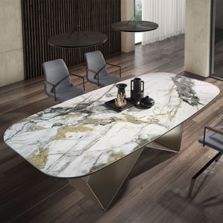 Mesa comedor mármol porcelánico y acero