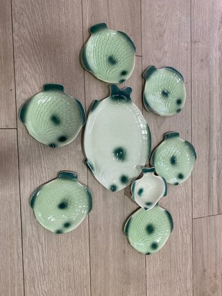 Juego 7 Platos Cerámica Forma Pez Verde