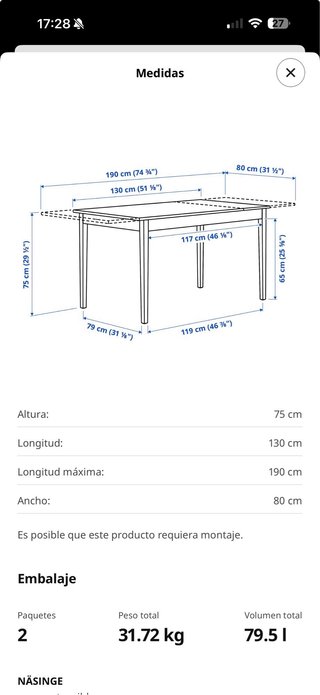 Mesa comedor extensible NÄSINGE blanca Ikea