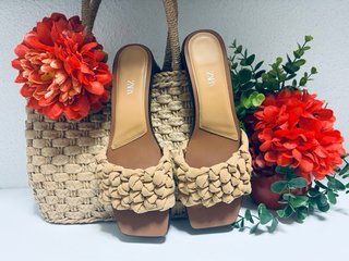 Sandalias Tacón Zara 37 Nude Trenzadas