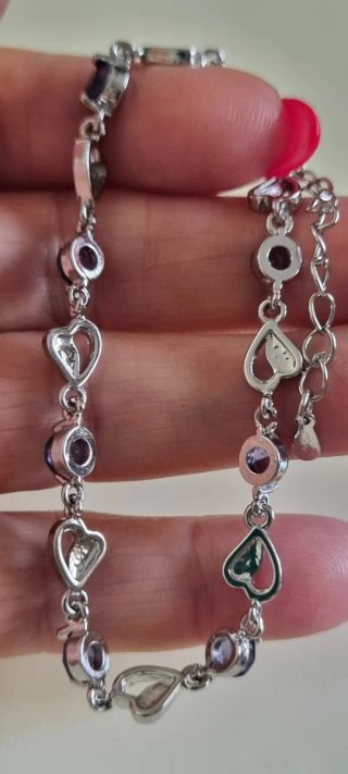 Pulsera Plata 925 Corazones y Circonitas Moradas