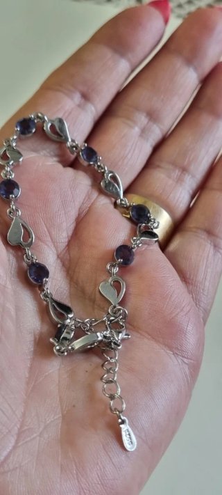 Pulsera Plata 925 Corazones y Circonitas Moradas
